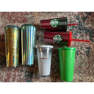 Lot Of 6 Starbucks Tumblers 16oz, 24oz Sparkle Hombre Plastic Metal Straws